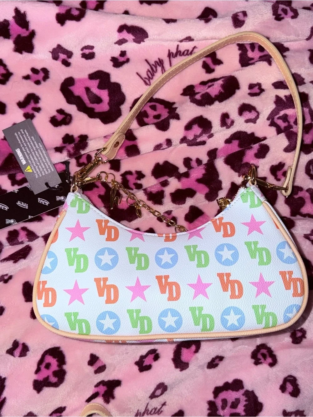 Von Dutch White Shoulder Bag with Pastel Pink, Green & Blue Logo Print